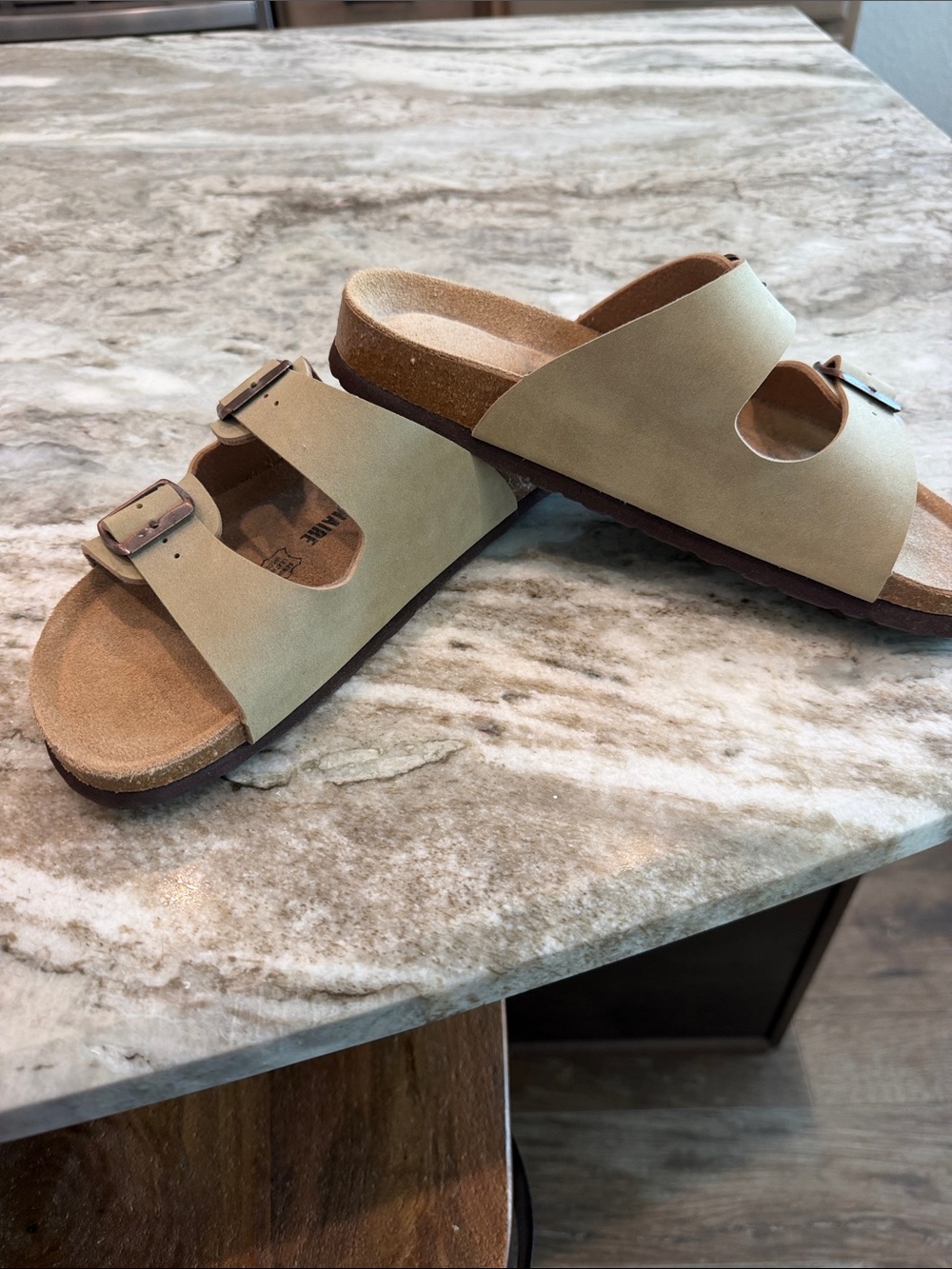 Cushionaire double buckle sandal with tan suede upper